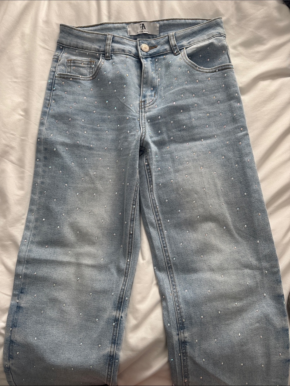Light Blue Straight Leg Jeans with Rhinestone Accents